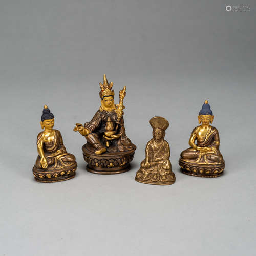 Vier Miniaturbronzen  des Padmasambhava und Buddha Shakyamun...