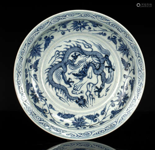 Unterglasurblau dekorierter Drachenteller aus Porzellan