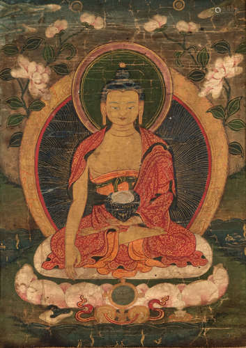 Thangka mit zentraler Darstellung des Buddha Shakyamuni