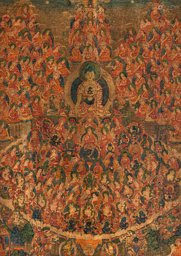 Thangka mit zentraler Darstellung des Buddha umgeben von Lam...