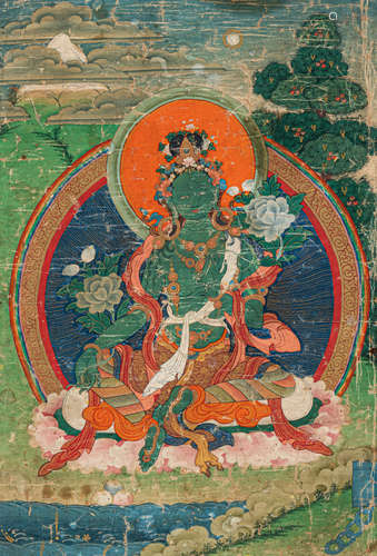 Thangka der Grünen Tara mit Seidenbrokatmontierung