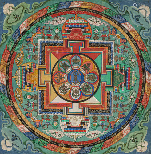 Neunfaches Mandala des Tathagata Akshobhya, Tempera und Gold...