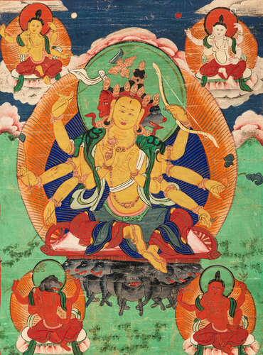 Thangka der Göttin Marici in Seidenmontierung