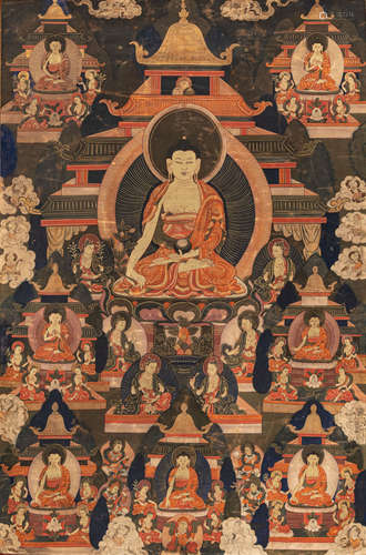 Thangka mit zentraler Darstellung des Buddha Shakyamuni