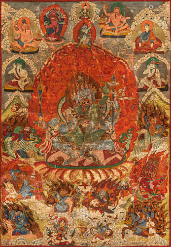 Drei Thangkas mit Darstellungen des Mahakala und Padmasambha...