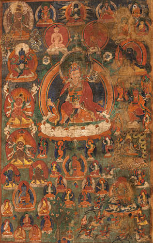 Gruppe von drei Thangkas mit Darsrellungen des Padmasambhava...