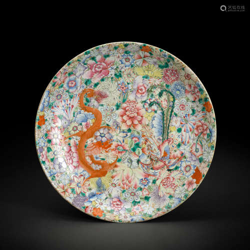 Große 'Drachen-Phönix'-Platte aus Porzellan mit 'Mille Fleur...