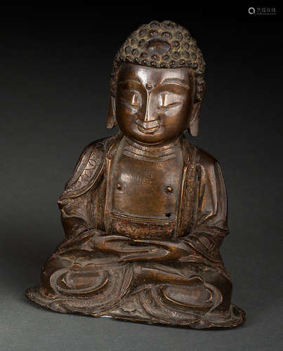 Bronze des Buddha Shakyamuni im Meditationssitz, die Hände ü...