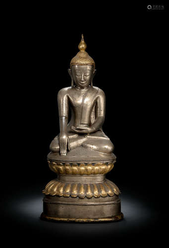 Bronzefigur des Buddha Shakyamuni mit Resten von Lackvergold...