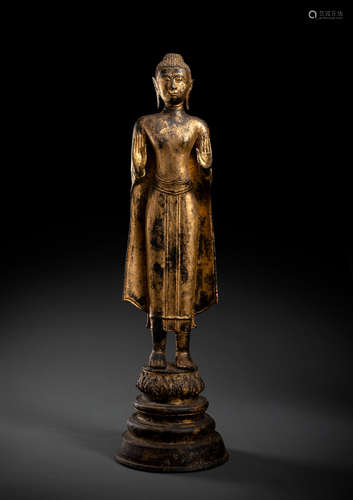 Bronze des stehenden Buddha Shakyamuni auf einem Sockel