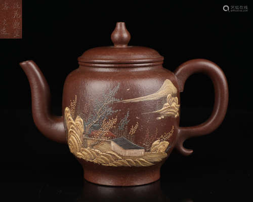 WEN YUAN MARK ZISHA TEA POT CARVED WITH LANDSCAPE