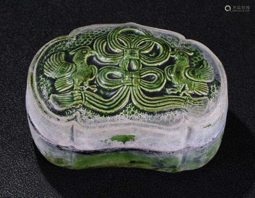 GREEN GLAZE BOX CARVED WITH BIRD