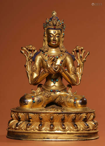 GILT BRONZE MANJUSRI BUDDHA STATUE EMBEDDED WITH GEM