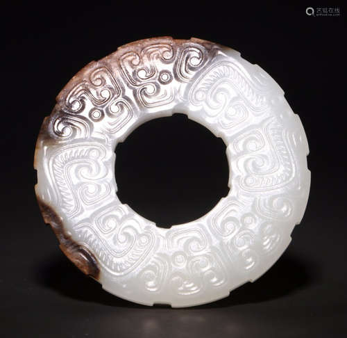 HETIAN JADE BI CARVED WITH BEAST PATTERN