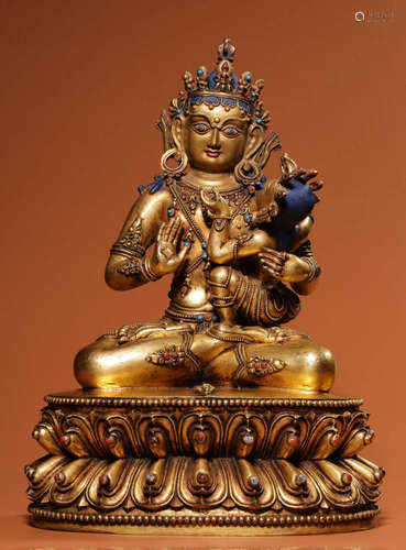 GILT BRONZE BUDDHA STATUE EMBEDDED WITH GEM