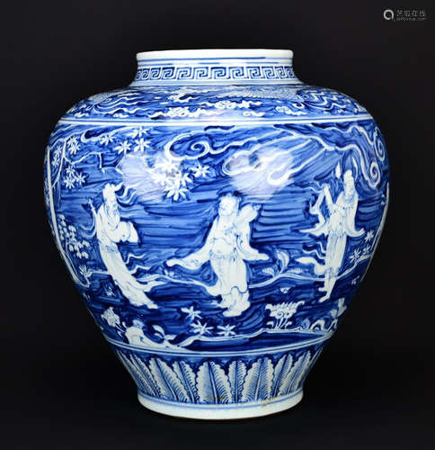 BLUE&WHITE GLAZE JAR PAINTED WITH FIGURE