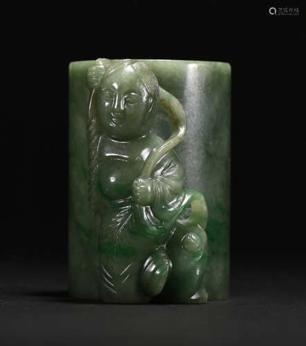 JADEITE BRUSH POT CARVED WITH FIGURE