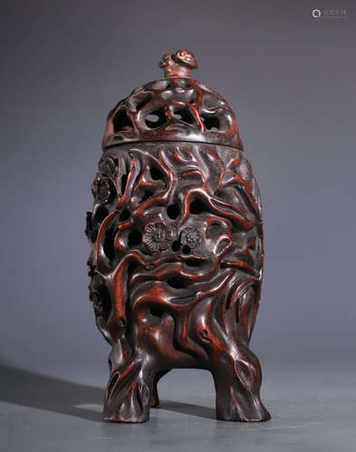 ZITAN WOOD CENSER CARVED WITH PLUM FLOWER