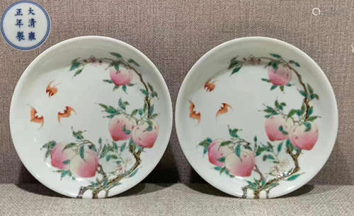 DAQINGYONGZHENGNIANZHI MARK FAMILLE ROSE GLAZE PLATE PAIR