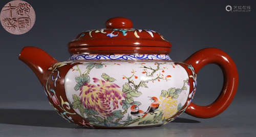 ZISHA TEA POT PAINTED WITH FLOWER&BIRD