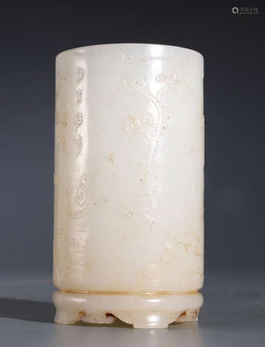 HETIAN JADE BRUSH POT CARVED WITH POETRY&STORY