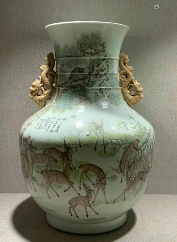 SHALLOW GLAZE VASE PAINTED WITH DEER