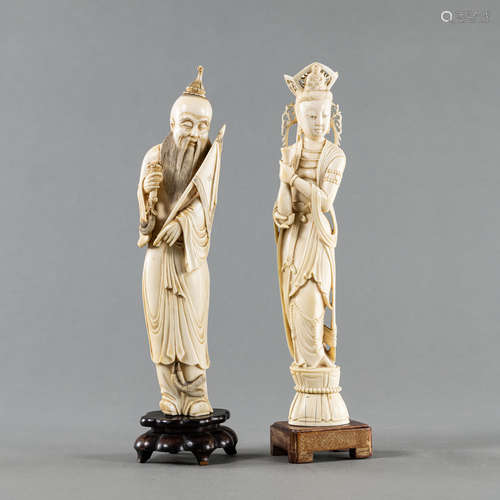 Zwei Elfenbeinfiguren: Guanyin mit Vase und Unsterblicher mi...