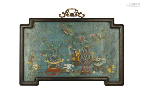 QING DYNASTY,A LARGE GILT-BRONZE CLOISONNE ENAMEL PANEL