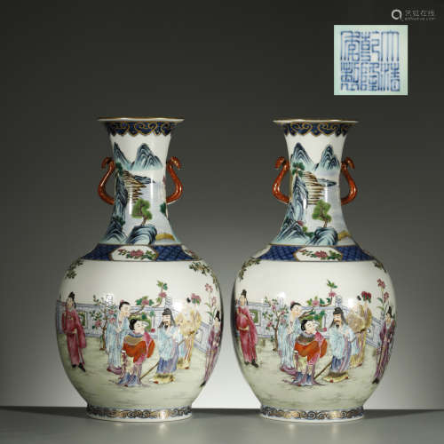 QING DYNASTY,A PAIR OF FAMILLE-ROSE VASES