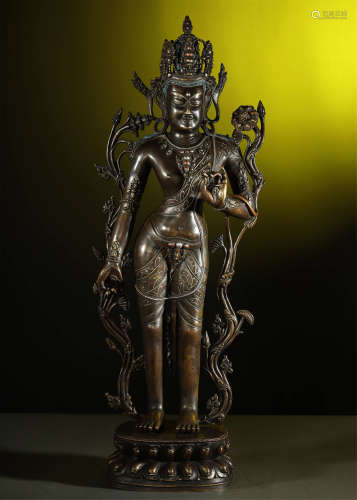 OLD TIBETAN SILVER-INLAID ALLOY BRONZE BUDDHA STATUE,ABOUT 8...