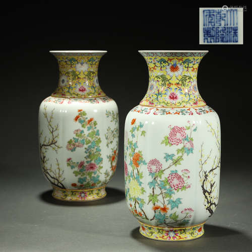 QING DYNASTY,A PAIR OF FAMILLE-ROSE BOTTLE VASES