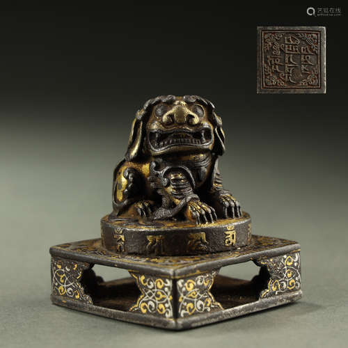 OLD TIBETAN GOLD AND SILVER-INLAID IRON SEAL