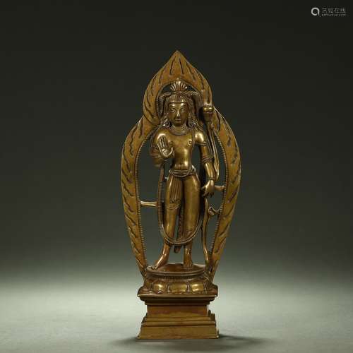 A SILVER-INLAID ALLOY BRONZE BUDDHA STATUE,ABOUT 8th-12th CE...