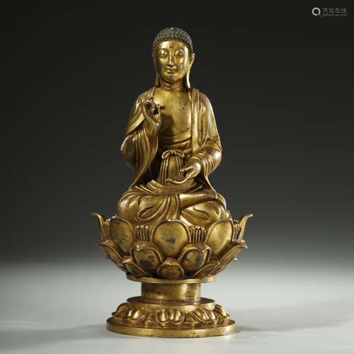 LIAO DYNASTY,AN EXTREMELY RARE GILT-BRONZE BUDDHA STATUE