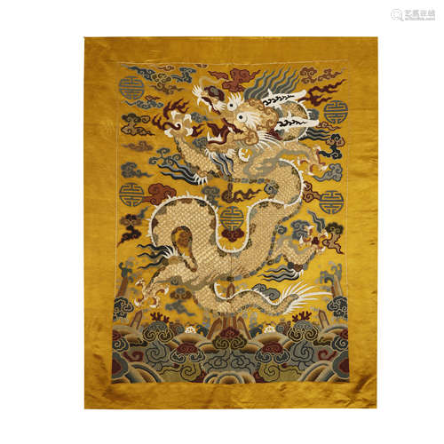 QING DYNASTY,A FINE AND RARE EMBROIDERY GOLD DRAGON PANEL