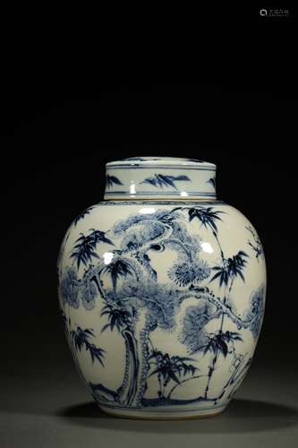 QING DYNASTY,BLUE AND WHITE GLAZED JAR AND COVER