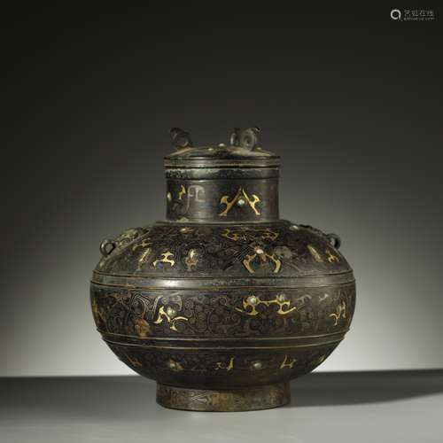 ANCIENT CHINESE,GOLD AND SILVER-INLAID BRONZE WINE VESSEL