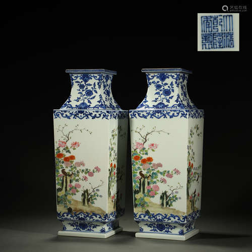 QING DYNASTY,A PAIR OF FAMILLE-ROSE BOTTLE VASES