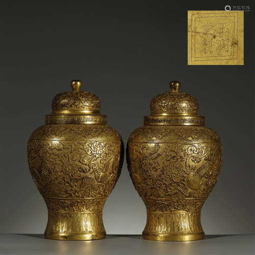 QING DYNASTY,A PAIR OF GILT-BRONZE VASES