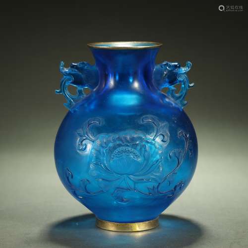 QING DYNASTY,BLUE GLASS CARVED VASE