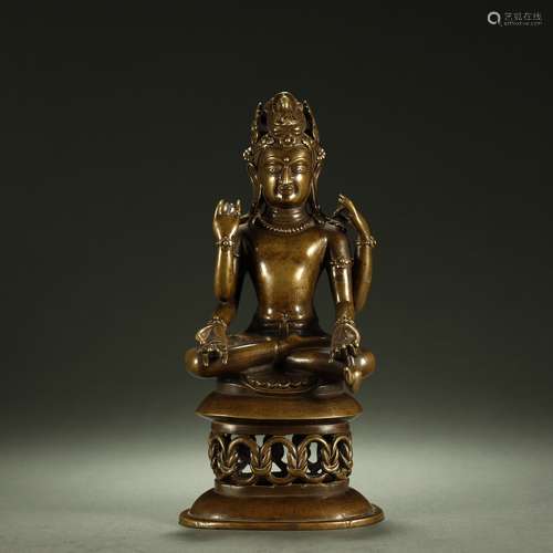 OLD TIBETAN SILVER-INLAID ALLOY BRONZE BUDDHA STATUE,ABOUT 8...