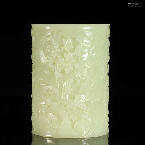 QING DYNASTY,A FINE HETIAN JADE CARVED BRUSH POT