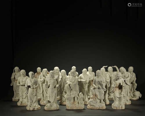 A SET OF EXTREMELY RARE WHITE GLAZED BUDDHA STAYUE,QING DYNA...