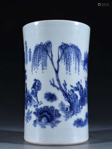 BLUE&WHITE GLAZE FIGURE PATTERN BRUSH POT