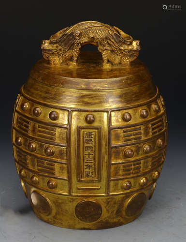 KANGXI MARK GILT BRONZE CAST BELL