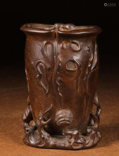 ZITAN WOOD CARVED AUSPICIOUS VASE