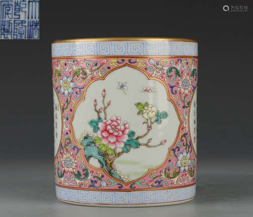 QIANLONG MARK RED GLAZE FLORAL PATTERN BRUSH POT