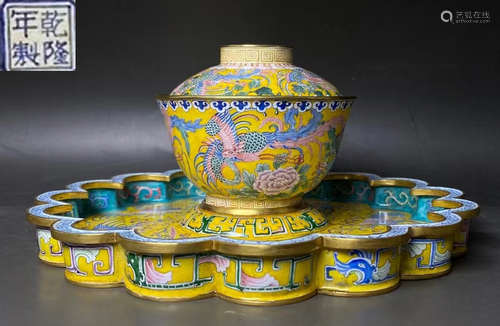 QIANLONG MARK CLOISONNE CAST BOWL&TRAY