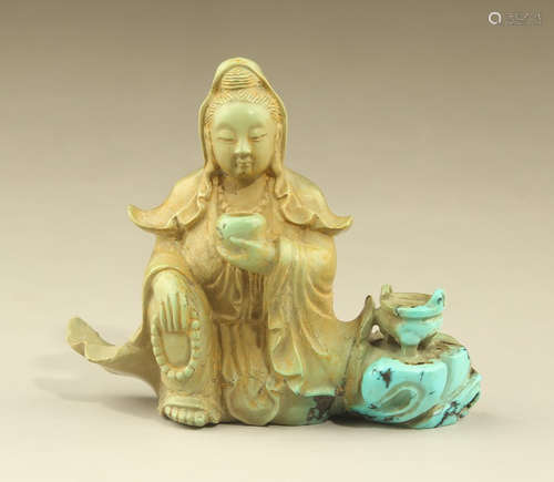 TURQUOISE CARVED GUANYIN BUDDHA STATUE