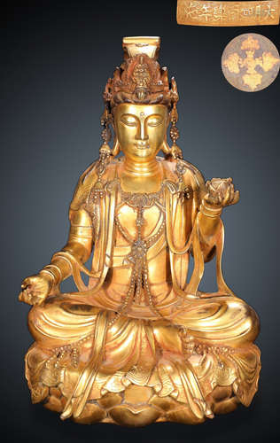 YONGLE MARK GILT BRONZE CAST GUANYIN BUDDHA STATUE